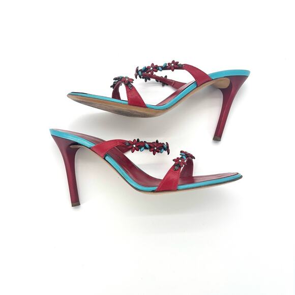 Vintage Giuseppe Zanotti Red Turquoise Floral Embellished Mules Sandals  37 - Picture 7 of 12